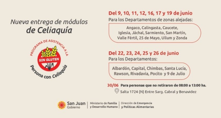 Celiaqu&iacute;a: informan el cronograma de entrega de m&oacute;dulos alimentarios de junio